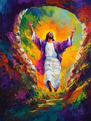Obraz premium A vibrant and colorful depiction of a resurrected figure with arms raised, symbolizing hope and renewal.