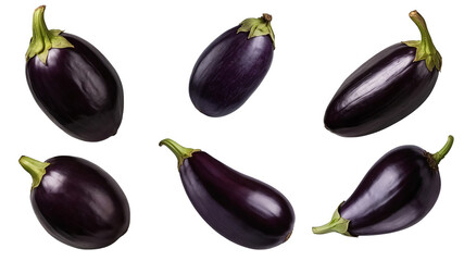 A single eggplant captured from multiple angles on a white background