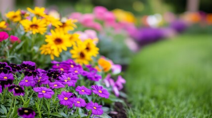 Fototapeta premium Vibrant garden blooms with purple and yellow flowers in a sunny outdoor setting during spring