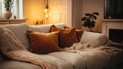 cozy living room corner plush sofa with earthy toned pillows warm lighting french country charm