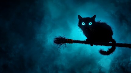 A black cat with bright blue eyes sits on a broom handle in front of a blue smoky background.