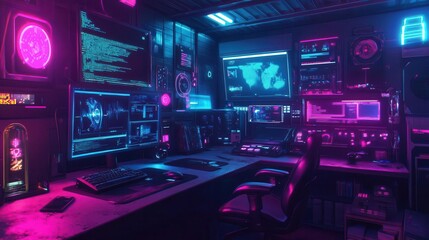 Obraz premium cyberpunk hackers lair neonlit room holographic interfaces virtual reality gear futuristic gadgets atmospheric cyberpunk aesthetics