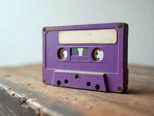 Obraz premium Vintage Purple Cassette Tape on Wooden Surface