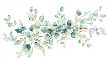 delicate watercolor illustration of eucalyptus bouquets with a harmonious blend of sage green and shimmering gold leaves arranged in a loose organic composition for a wedding invitation design