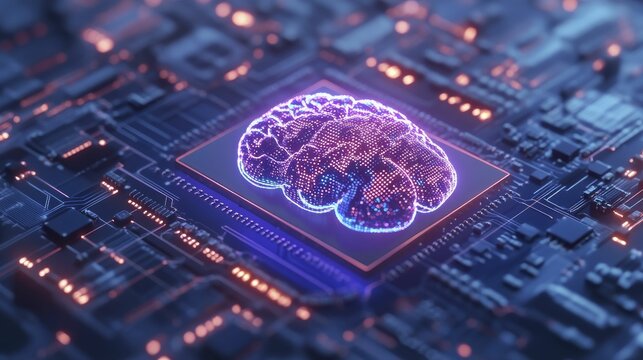 AI-driven Neuromorphic Chips, A depiction of neuromorphic chips for AI applications, set against a technological background, 3D illustration