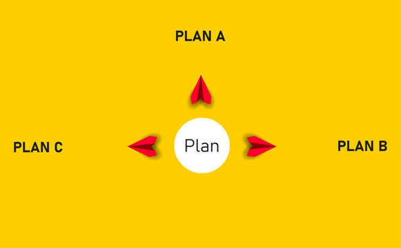 Red planes flying to alternative business plans.Alternative business plans.Business strategy, planning and decision making idea concept.