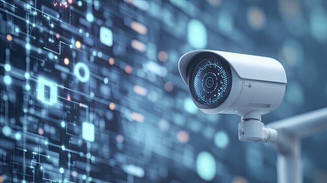 AI-enhanced Security Systems, surveillance cameras and AI analytics, set against a modern security control room background, 3D illustration