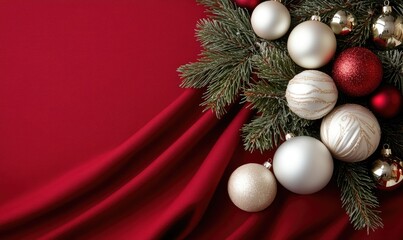 Obraz premium Minimalistic Holiday Elegance: Pine Branches and Ornaments on Red Fabric