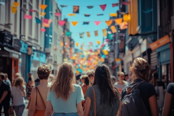 Obraz premium Vibrant street festival with colorful flags and lively crowd enjoying a sunny day. People walking together, celebrating a festive atmosphere.