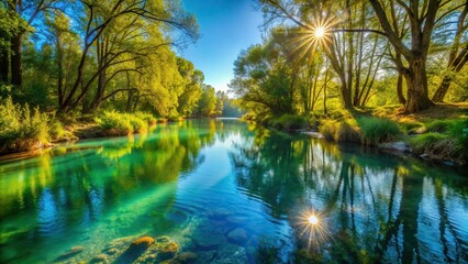 peaceful, beauty, flowing, picturesque, green, calm, stream, scenic, water, river, blue, natural, tranquil, water surface, Teal colored creek water in the afternoon sunlight reflected