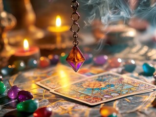 Esoteric altar with pendulum, tarot cards, and crystals, AI generated