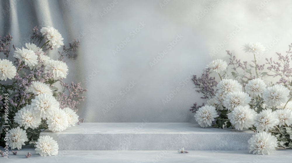 Fototapete A white platform with a textured gray surface is centered in front of a gray wall with soft folds