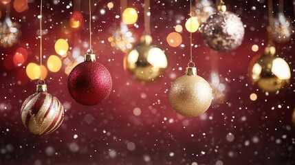 elegant christmas ornaments in gold red and silver suspended against a rich burgundy background twinkling lights and delicate snowflakes create a festive luxurious holiday ambiance