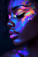 Close-up portrait of a Black woman with rich, dark skin, embodying the goddess of lightning