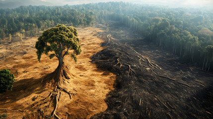 Deforestation impact with lone tree surrounded by destroyed forest symbolizing environmental degradation climate change nature loss global warming conservation reforestation awareness concept