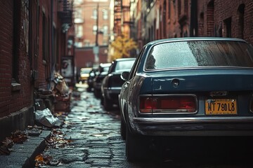 cars parked in the street, old, back ally 