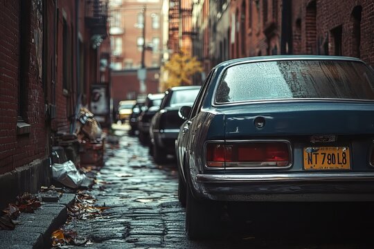 cars parked in the street, old, back ally 