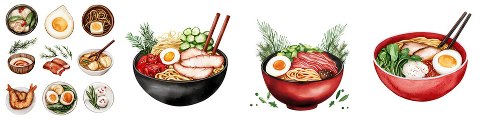 Various ramen bowls topped with eggs and greens on a white isolated background.