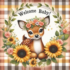 Naklejka premium Adorable baby deer illustration with flowers, welcoming a new arrival.
