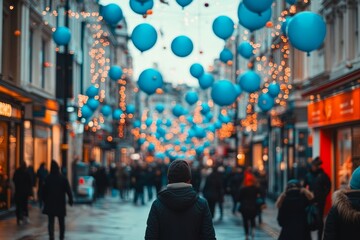 A Busy Street Filled with Blue Balloons and Lights, People Walking and Enjoying the Festive Atmosphere