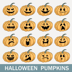Scary Halloween pumpkin faces. Pumpkin different expressions flat vector illustration.
