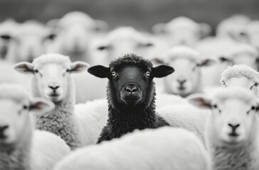 A lone black sheep stands out in a flock of white sheep on a tranquil farm at dusk