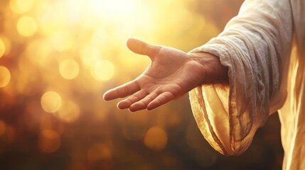 Jesus christ extending his hand in compassion against a luminous background of hope