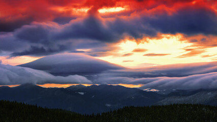splendid autumn scenery in the mountains, foggy morning dawn, nature colorful background, Europe