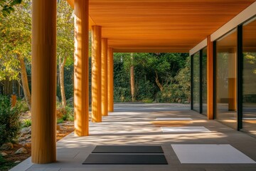 Serene Yoga Space with Natural Light and Wooden Structure