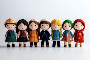 A set of hand-sewn fabric dolls, with detailed stitching and custom outfits made from colorful fabrics