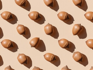 Fototapeta premium Repeating pattern of hazelnuts arranged on a beige background, casting natural shadows, minimalist food concept