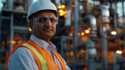 Senior indian Engineer wearing glasses helmet and safety vest in front of an industrial power plant or factory. Experienced, highly educated Indian civil or industrial engineer. Middle-aged man, weari