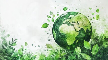 ethereal green earth surrounded by lush tree silhouettes ecofriendly concepts floating as leaves sustainable energy symbols dreamy watercolor textures white backdrop