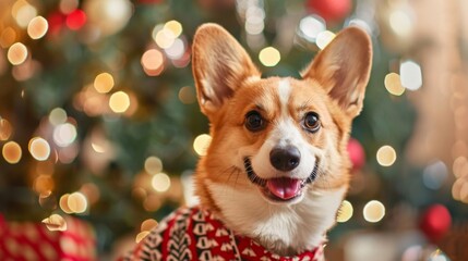 Happy Corgi in Festive Sweater Posing by Christmas Tree