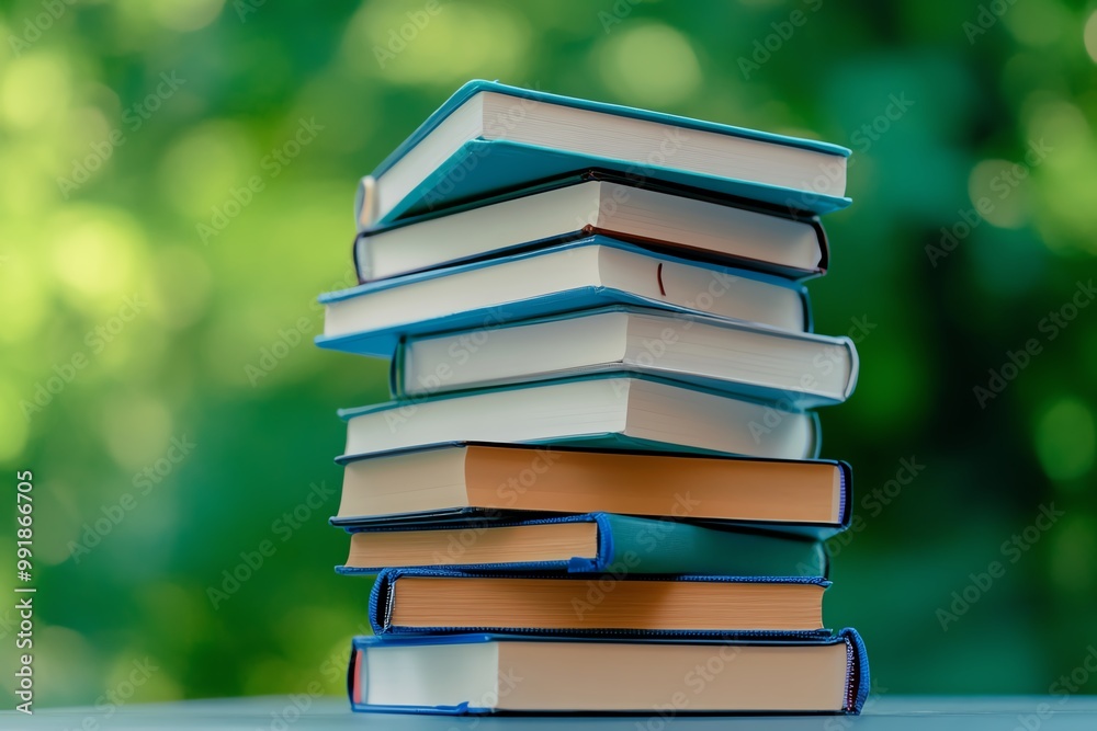 Poster a simple stack of textbooks, with soft natural light illuminating the covers, symbolizing the quiet 