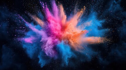 explosive burst of vibrant powder in midair frozen in time against a dark background creating a mesmerizing cloud of intense colors and intricate patterns