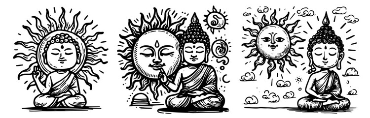 meditative buddha with sun in the background in black and white vector