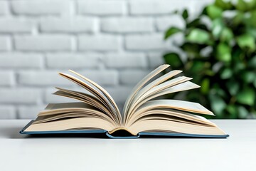 A single open book on a white table, with soft lighting and plenty of negative space, focusing entirely on the simplicity of reading
