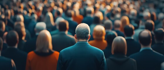 Obraz premium A man standing in front of a large crowd, focused and contemplative in a gathering setting.