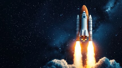 Obraz premium A rocket launching into space against a starry night sky, showcasing the power of space exploration.