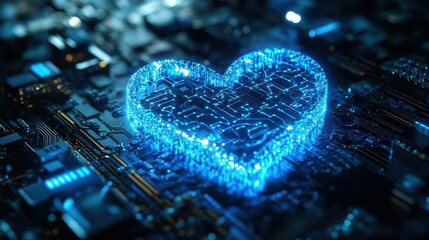 futuristic blue heartshaped microchip pulsing with electric energy glowing circuits and neural networks represent technological evolution of emotion