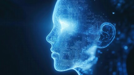 futuristic humanoid head with visible ai components translucent panels reveal intricate circuitry and pulsing data streams cool blue and white color scheme with subtle glow