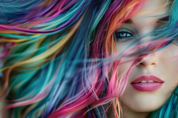 Naklejka premium Beautiful close-up of a young woman with bright multicolored hair, beautifully fluttering in the wind