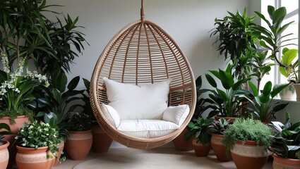 A large wicker or rattan hanging chair with a round, egg-shaped design. The chair has a white cushion inside and is surrounded by potted plants, creating a cozy and relaxing indoor environment