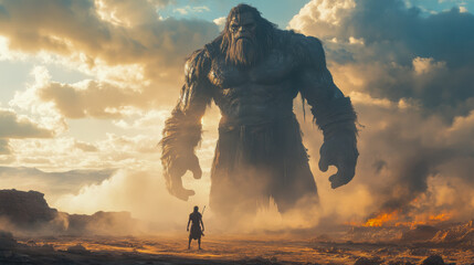 Epic biblical scene of David facing the giant Goliath in a desert setting, symbolizing the battle of faith versus strength..
