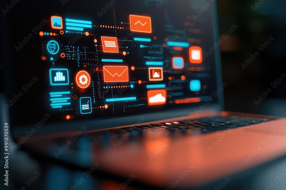 Poster close-up of a laptop displaying digital interfaces and data analytics on a blurred background.