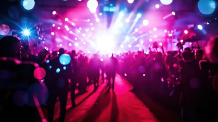 Naklejka premium glamorous red carpet scene with dazzling spotlights silhouetted paparazzi and excited fans creating electric atmosphere of stardom