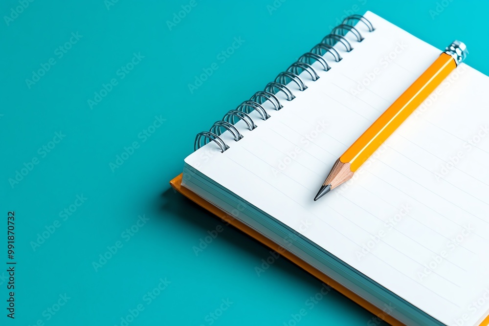Aufkleber A single pencil lying on an open notebook, with a blank page ready for notes, symbolizing the start of learning