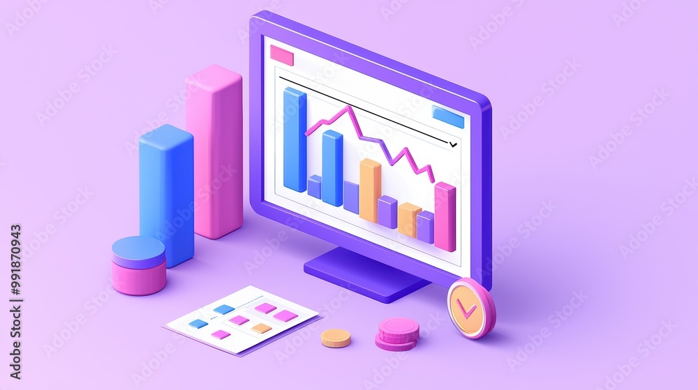 Poster colorful 3d illustration of a computer monitor displaying analytics and graphs on a pastel backgroun
