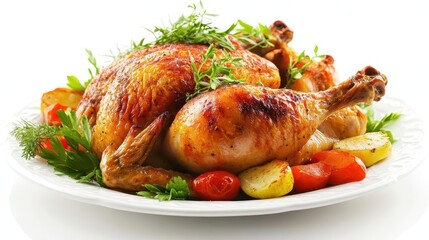 goldenbrown roast chicken on an elegant white plate garnished with fresh herbs and vegetables presented on a clean white background for maximum impact